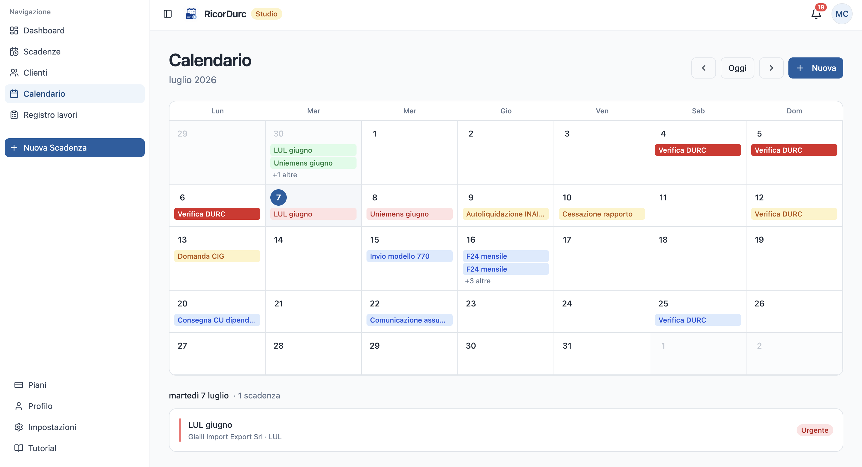 Vista mensile del calendario RicorDurc con scadenze colorate per stato: scaduto, urgente, pianificato
