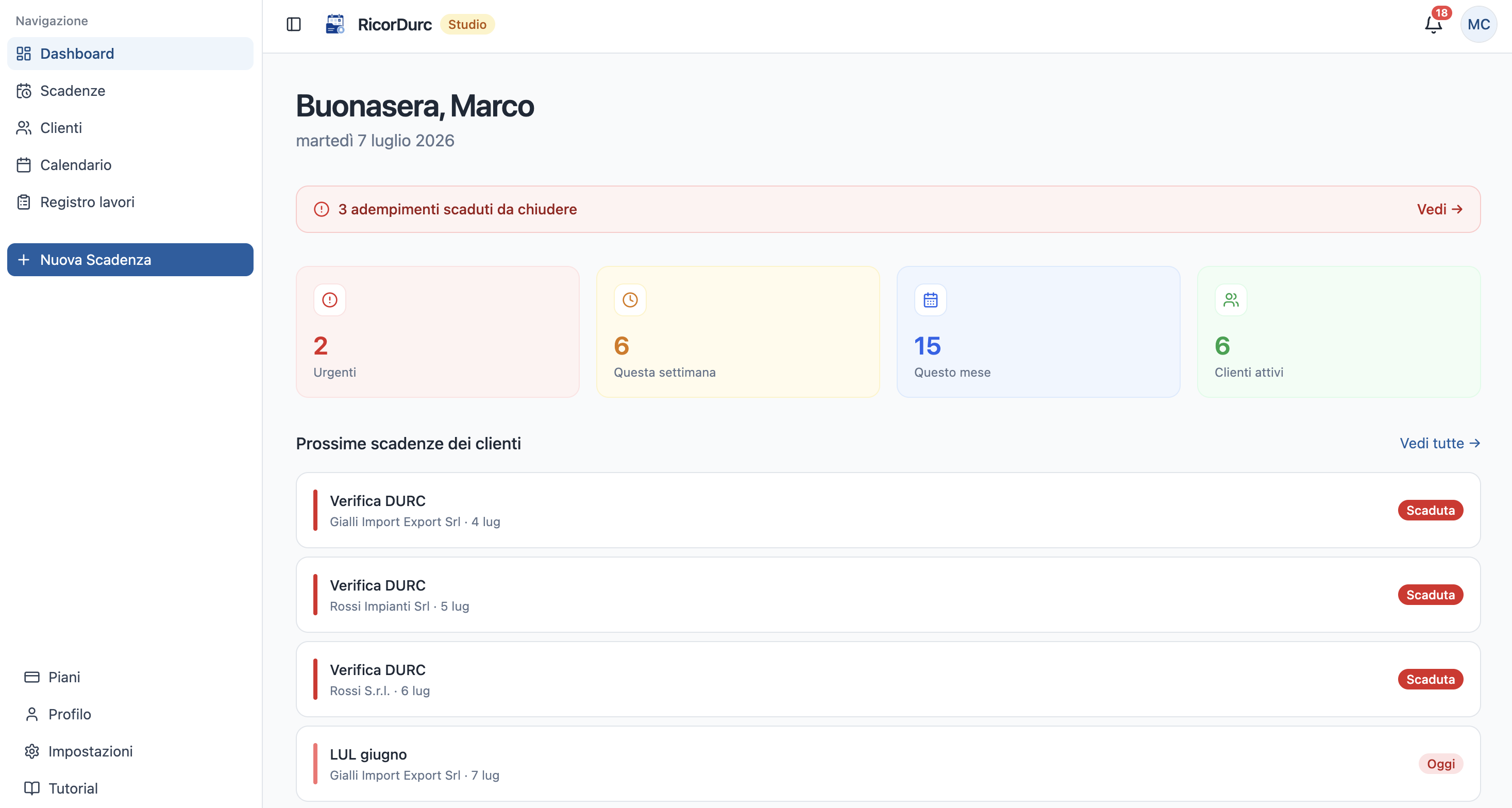 Dashboard di RicorDurc con alert rosso degli adempimenti scaduti e le KPI: urgenti, questa settimana, questo mese, clienti attivi